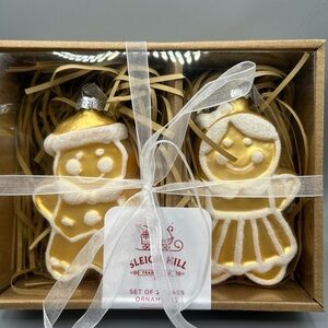Sleigh Hill Glass Gingerbread Man And Girl Ornament Set Gold NEW